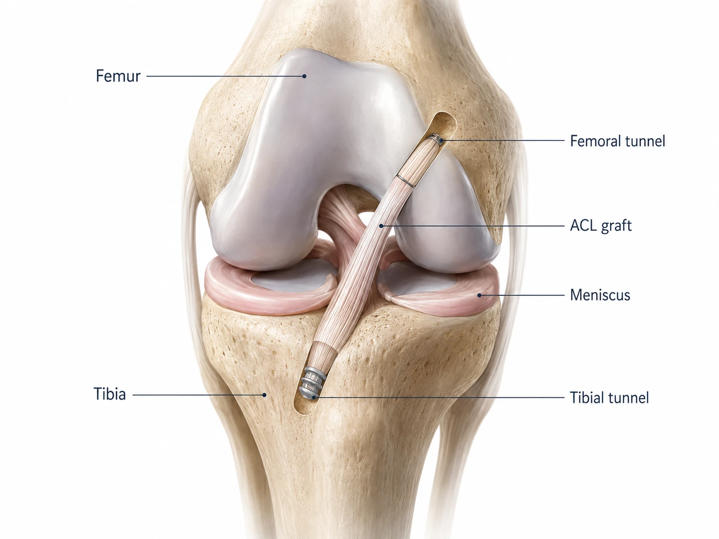 Simplified educational diagram showing an ACL graft passing through femoral and tibial tunnels