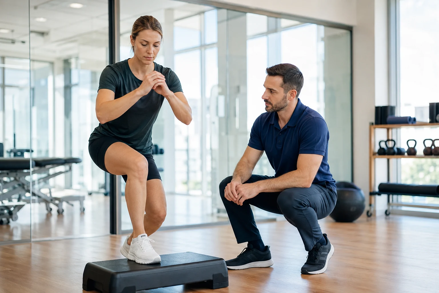 Clinician observing a patient during a controlled single-leg functional knee assessment