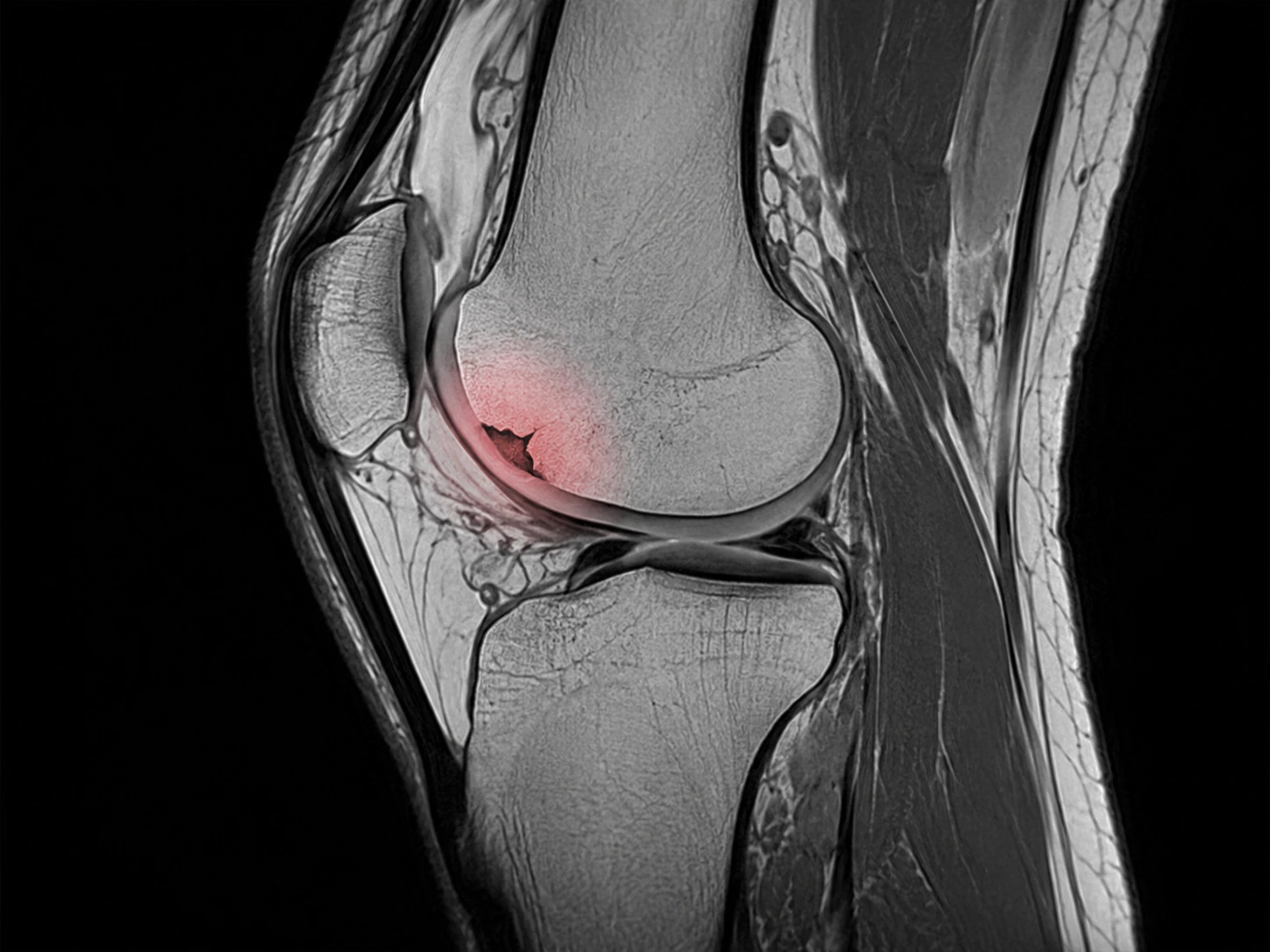 Educational MRI-style sagittal knee illustration showing a highlighted focal articular cartilage defect
