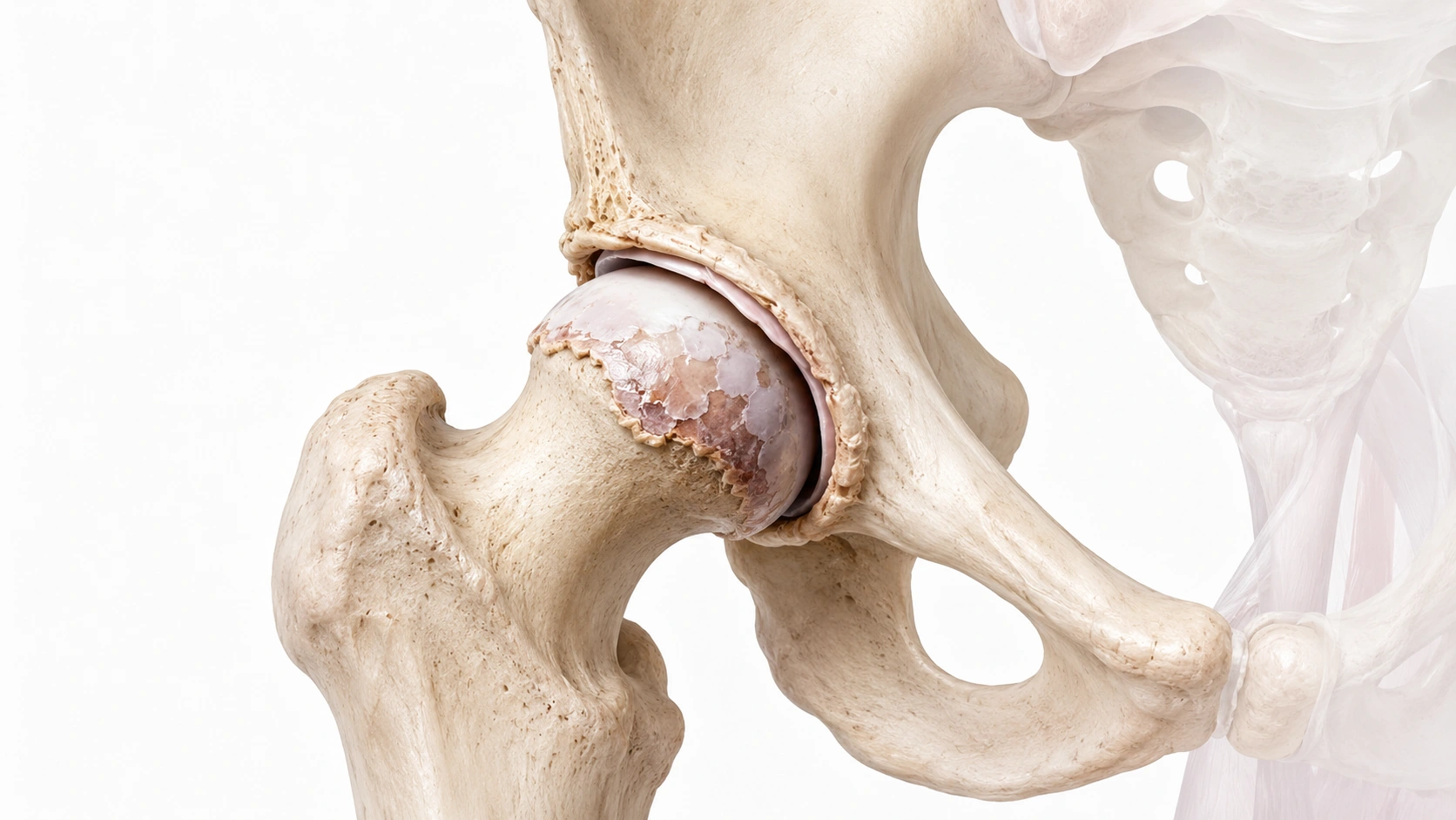 Educational medical illustration showing advanced degenerative change in hip osteoarthritis