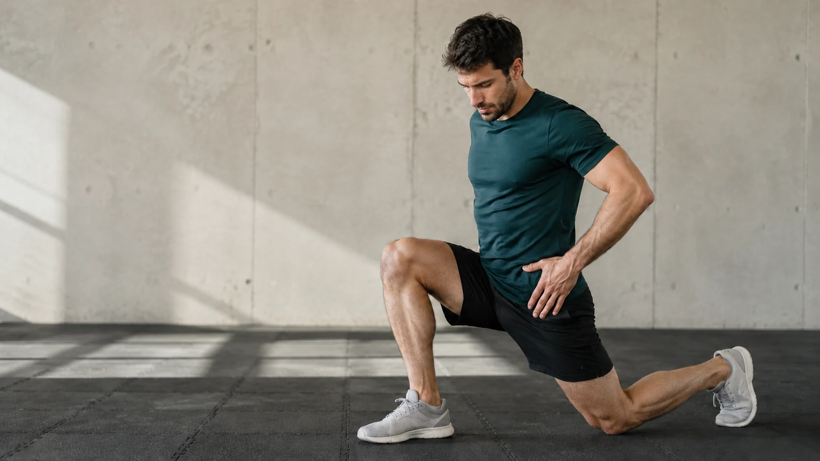 Active adult performing a controlled lunge, representing return to confident hip loading and movement