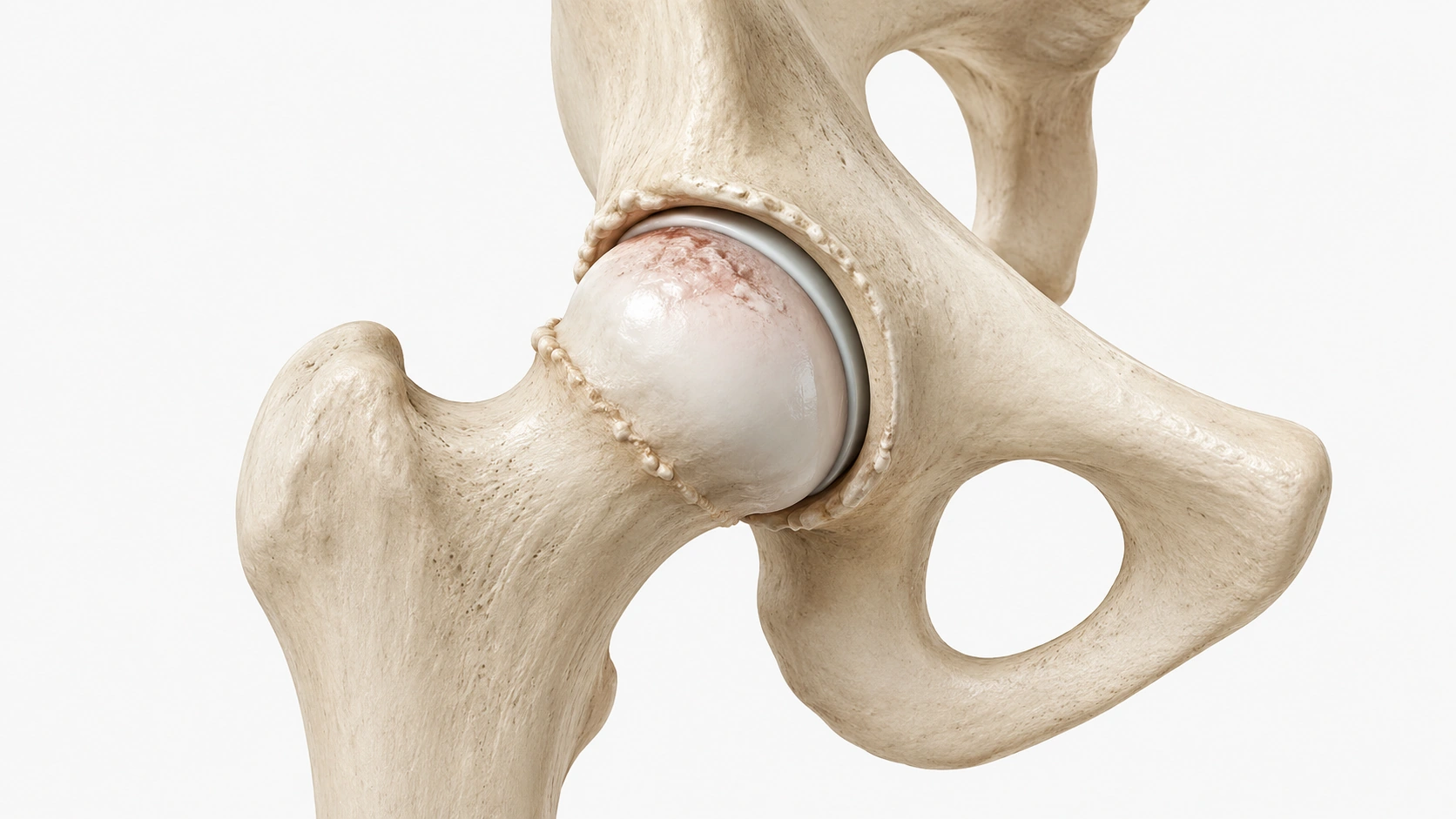 Medical illustration of degenerative changes in a hip joint affected by osteoarthritis
