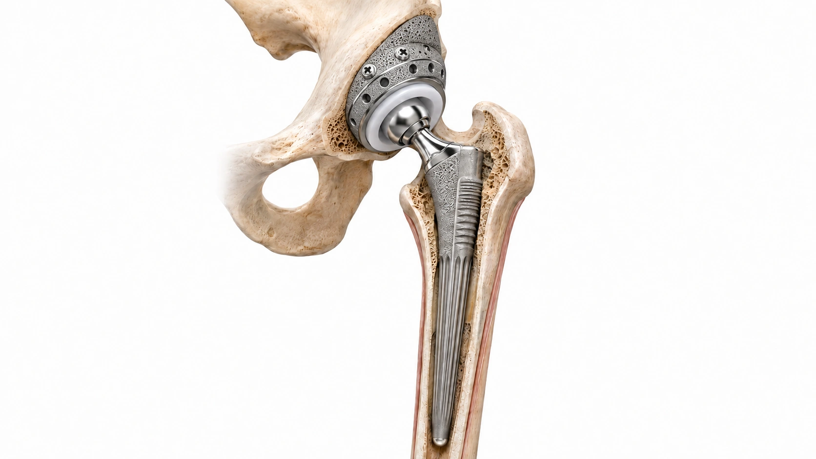 Illustrative revision hip replacement construct with specialised acetabular and femoral components