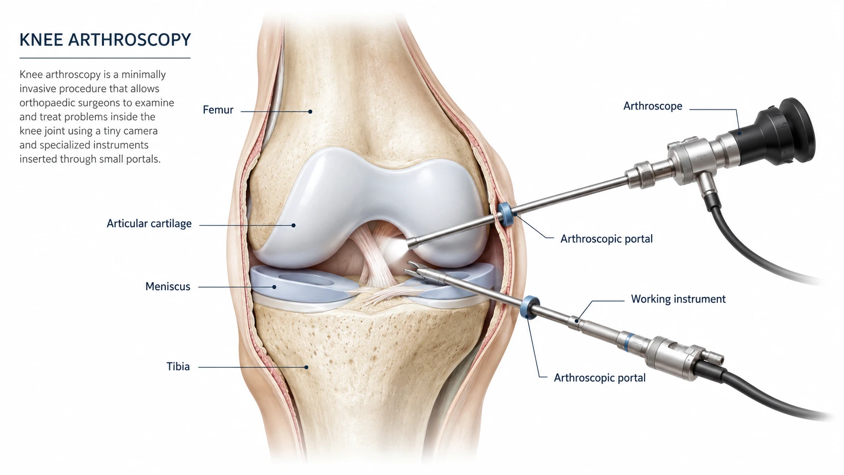 Educational diagram showing knee arthroscopy with an arthroscope and working instrument introduced through small portals