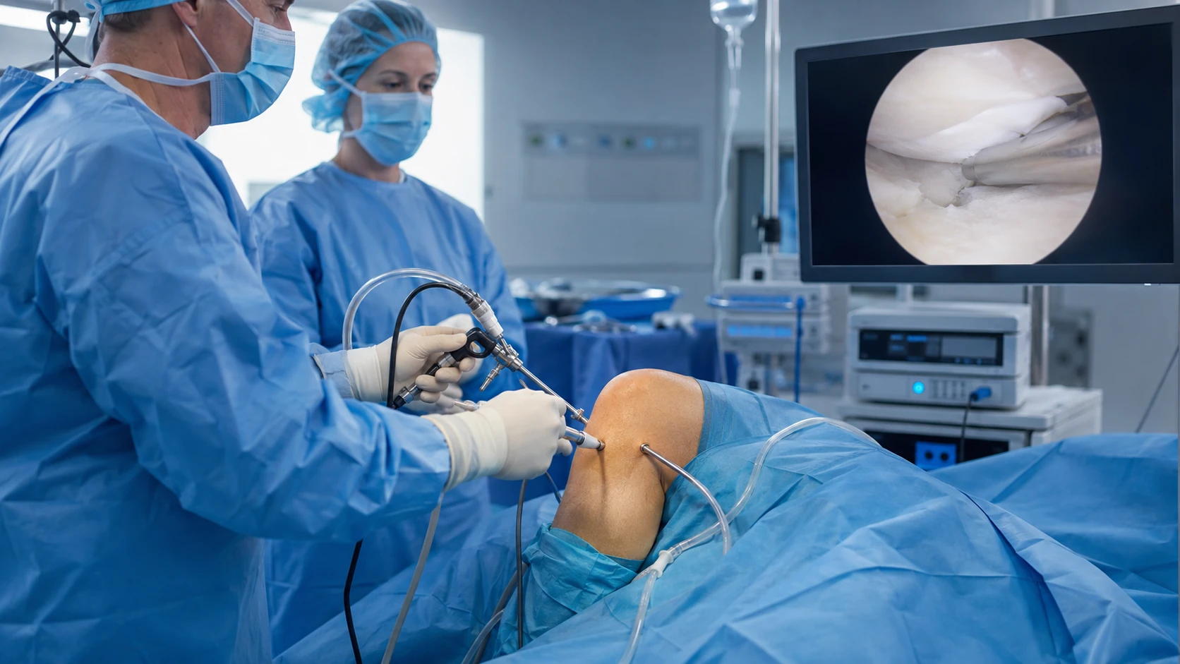 Knee arthroscopy performed in theatre with instruments introduced through small portals and an arthroscopic image displayed on a monitor
