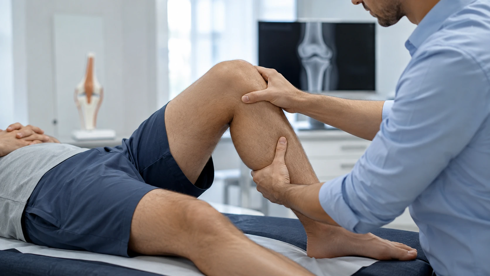 Orthopaedic clinician performing structured knee ligament stability testing on an adult patient