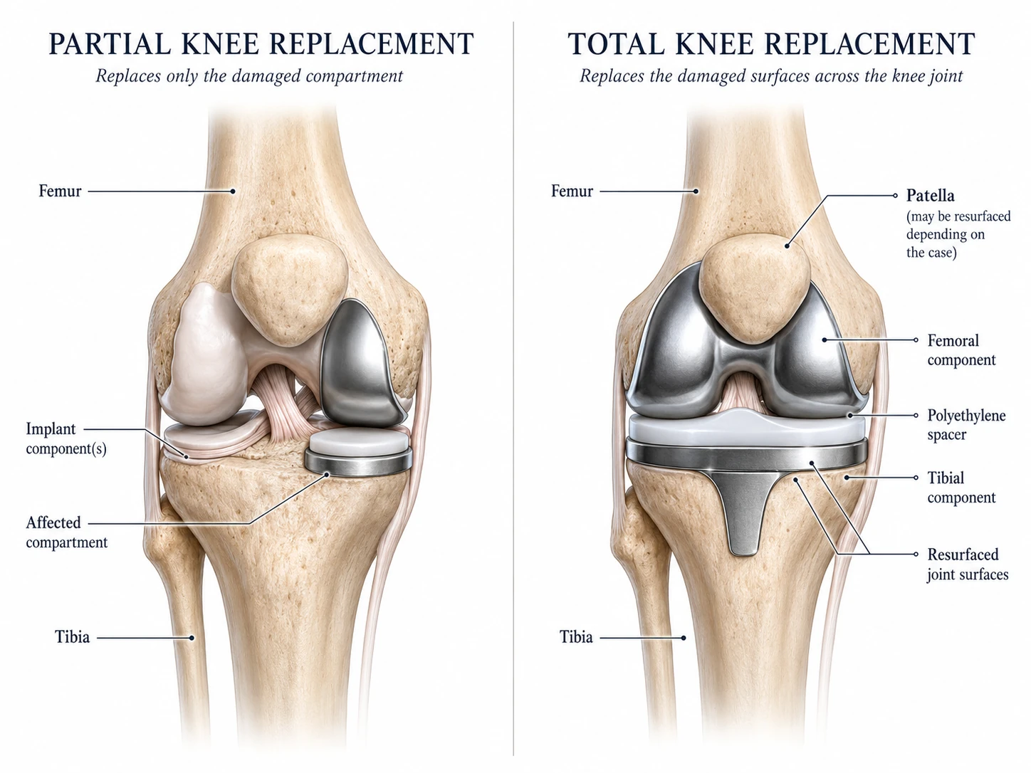 Medical comparison of partial knee replacement and total knee replacement components