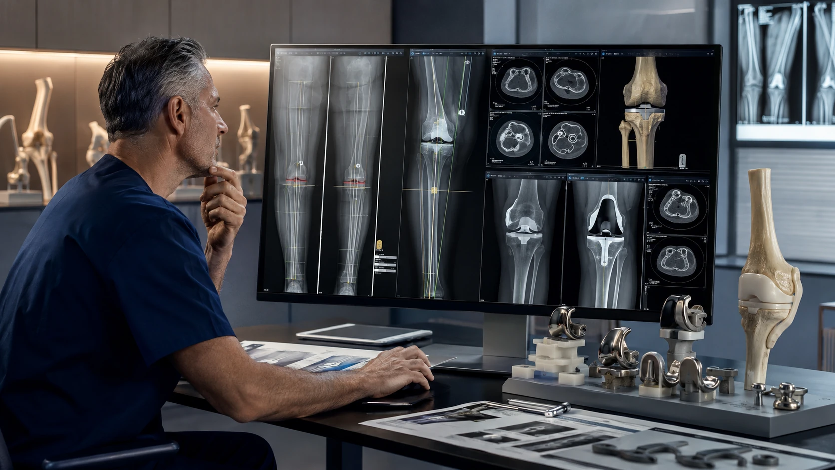 Specialist reviewing complex knee replacement imaging and revision implant planning
