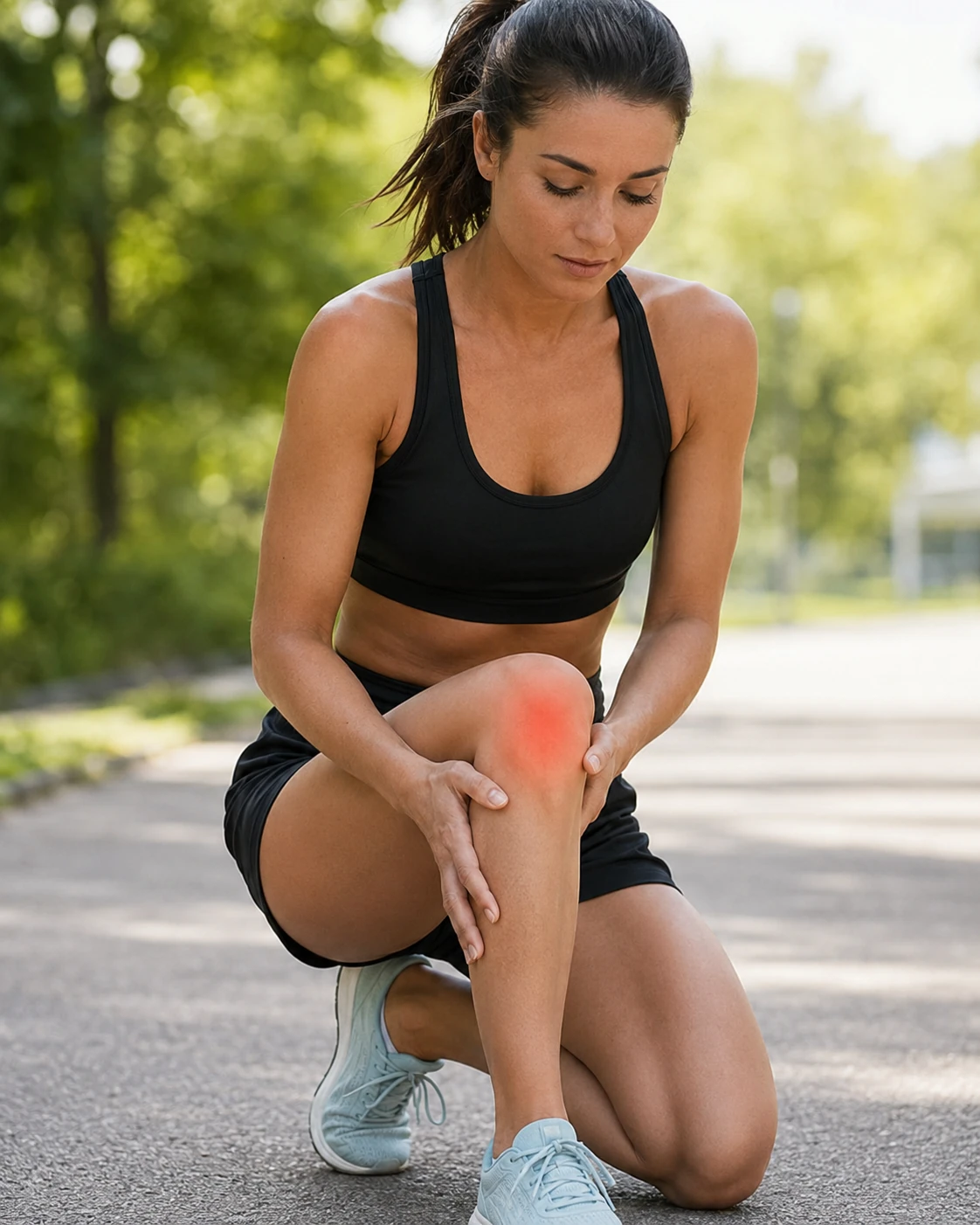 Active woman indicating pain around the front of the kneecap after activity