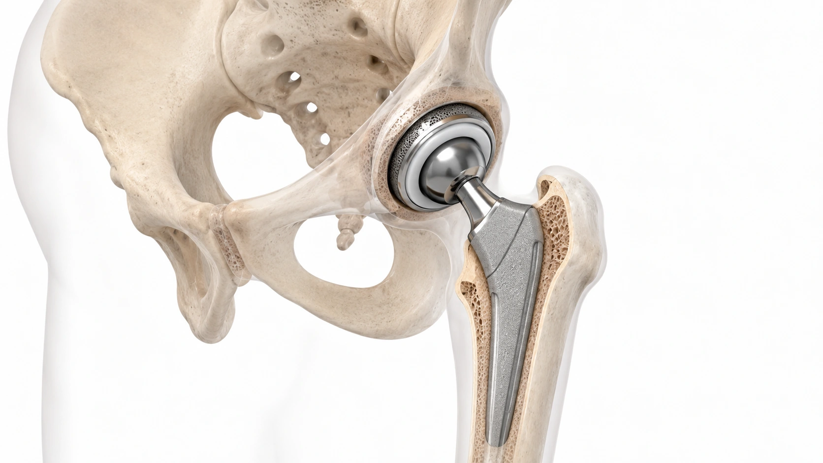 Medical illustration showing total hip replacement implant components in anatomical context