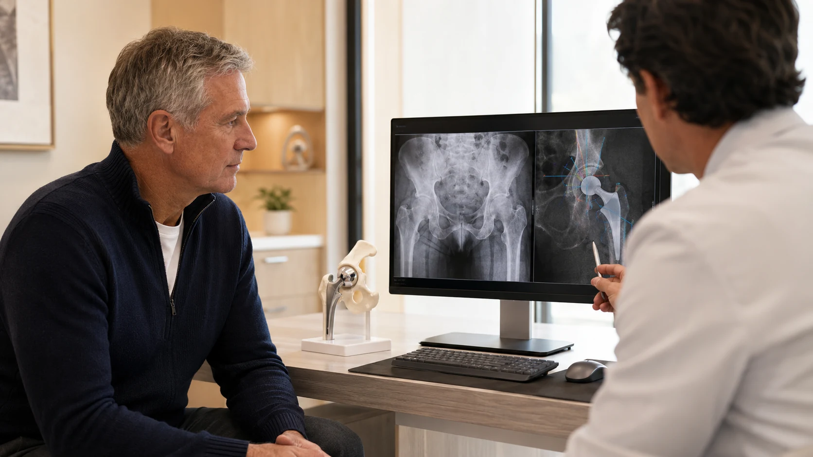 Pre-operative hip replacement planning discussion with pelvic imaging and implant templating