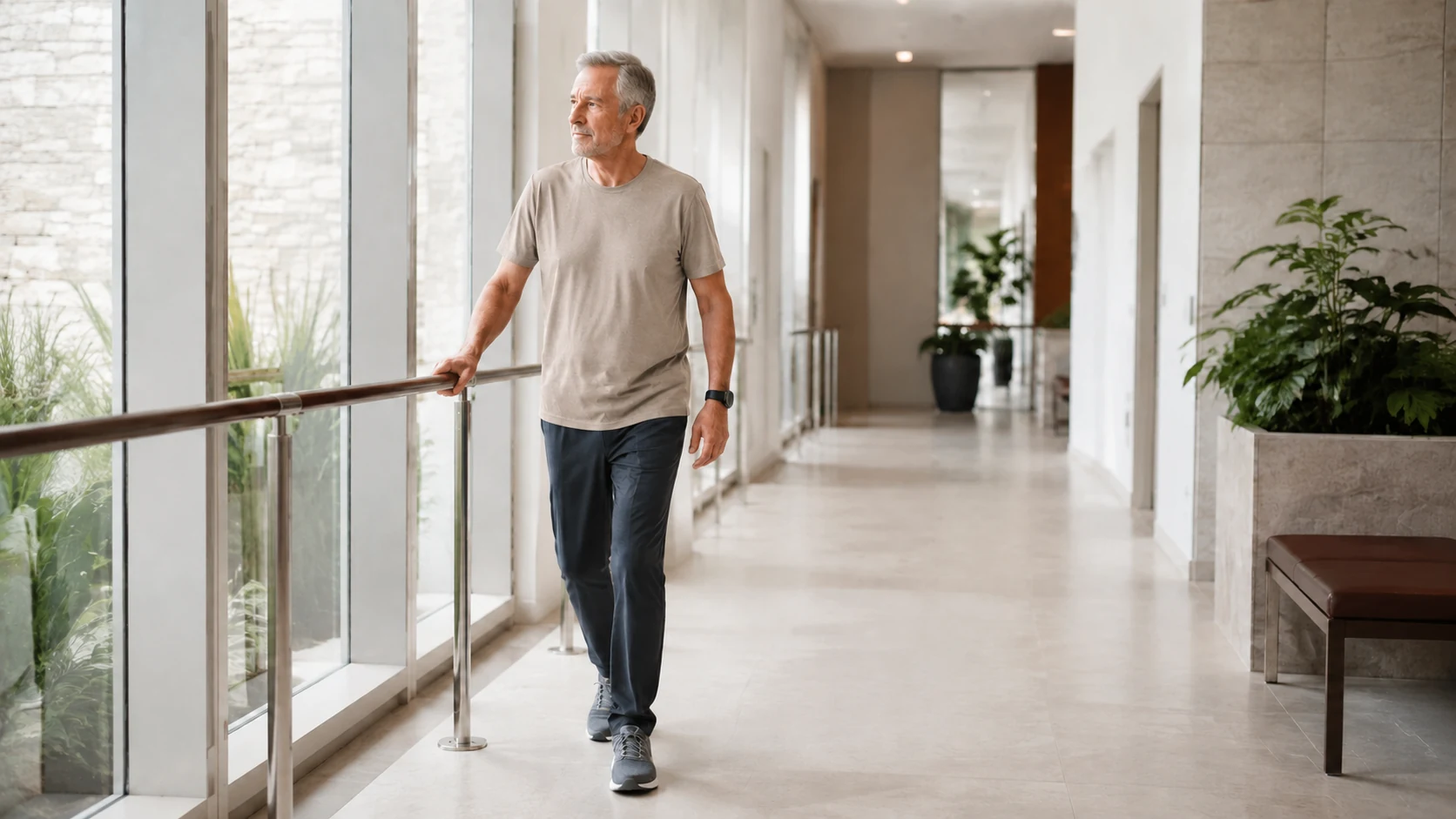 Older adult walking with support during rehabilitation after hip replacement