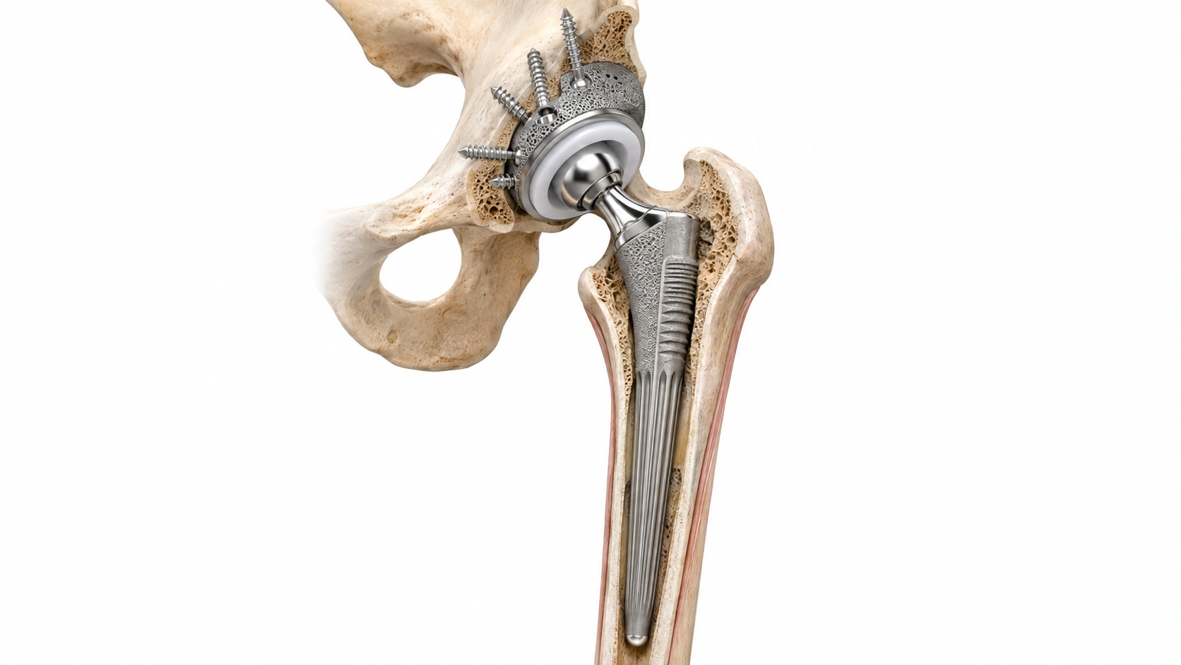 Illustrative complex revision hip construct with acetabular fixation screws and a long femoral stem