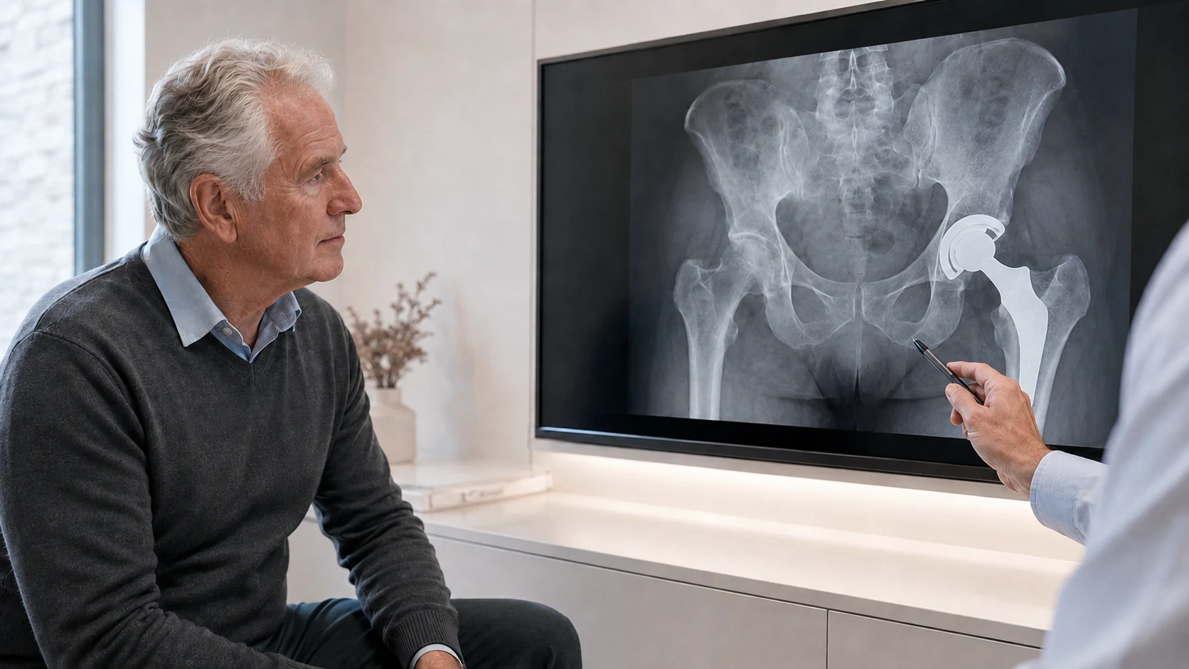 Patient reviewing an existing hip replacement X-ray with a clinician during revision assessment