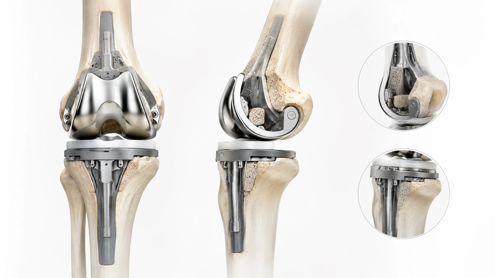 Educational illustration of specialised revision knee replacement components with longer stems and reconstructive options
