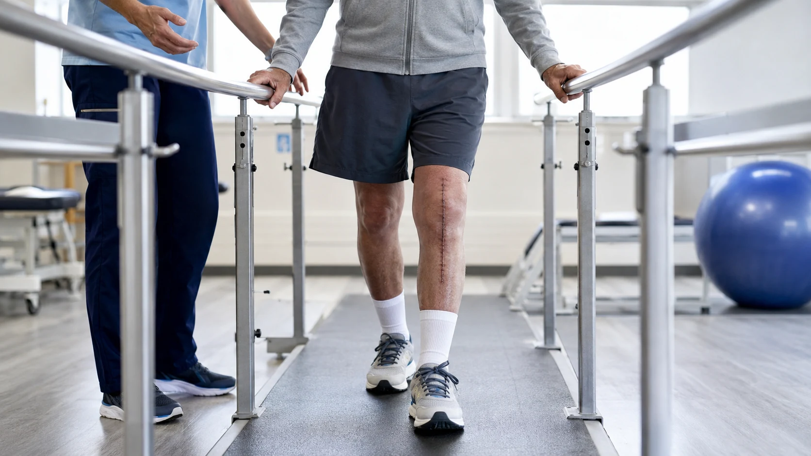 Older adult progressing through walking rehabilitation after revision knee replacement