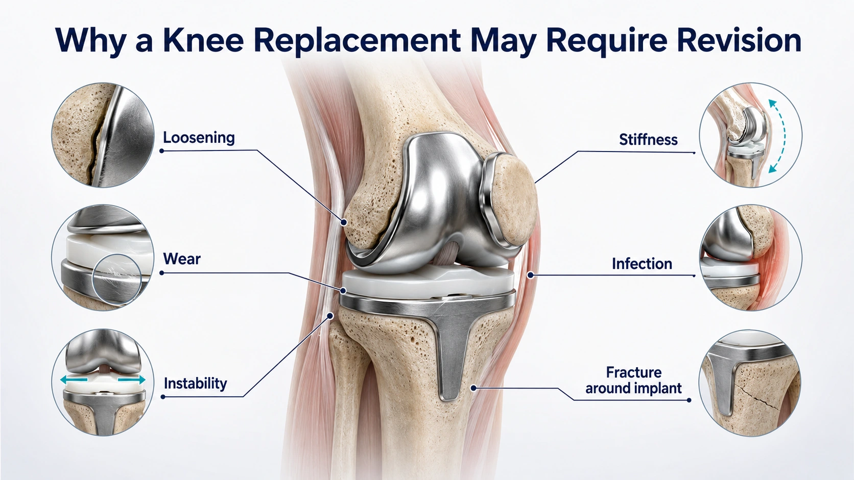 Infographic showing common reasons a knee replacement may require revision, including loosening, wear, instability, stiffness, infection and fracture