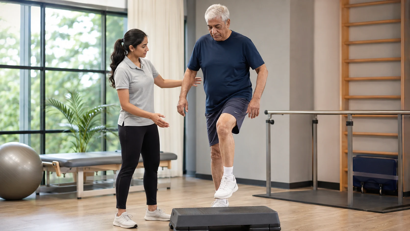Older adult progressing through knee replacement rehabilitation with a physiotherapist